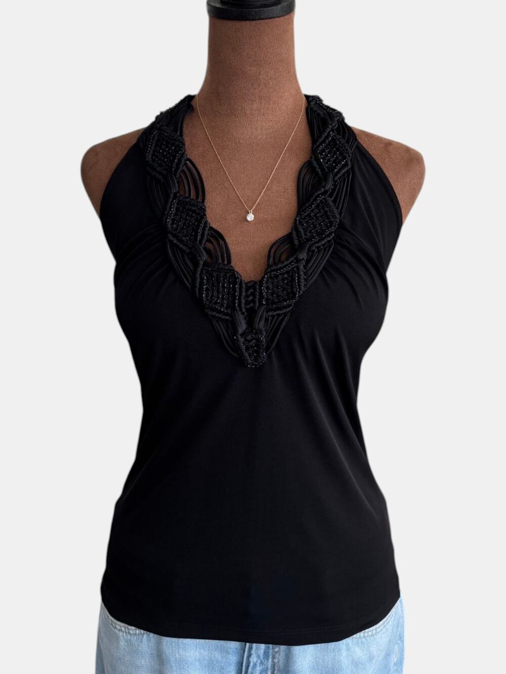 00s Vintage Y2K Caché Braided Halter Top Black Built in Cups Tie Straps Medium